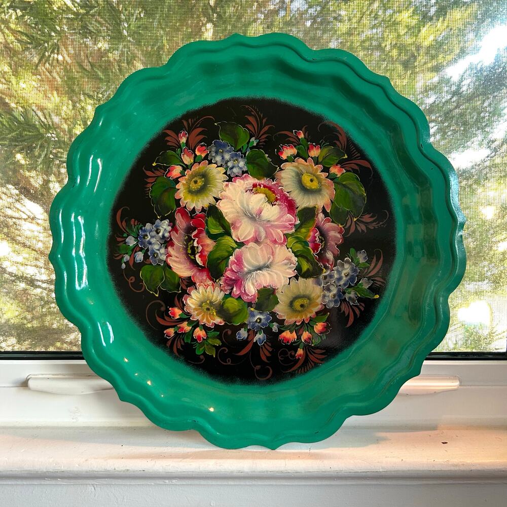 Vintage Zhostovo Russian Tole Tray with Bright Floral & Green Rim 15”